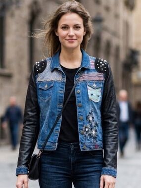 Desigual Jean Jacket Artisan Y2K Moto Embroidered Appliqué Patch Stud Crystal L